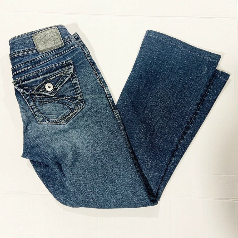 Silver Suki Surplus Bootcut Flap pocket mid rise denim blue jeans size 28 x 34